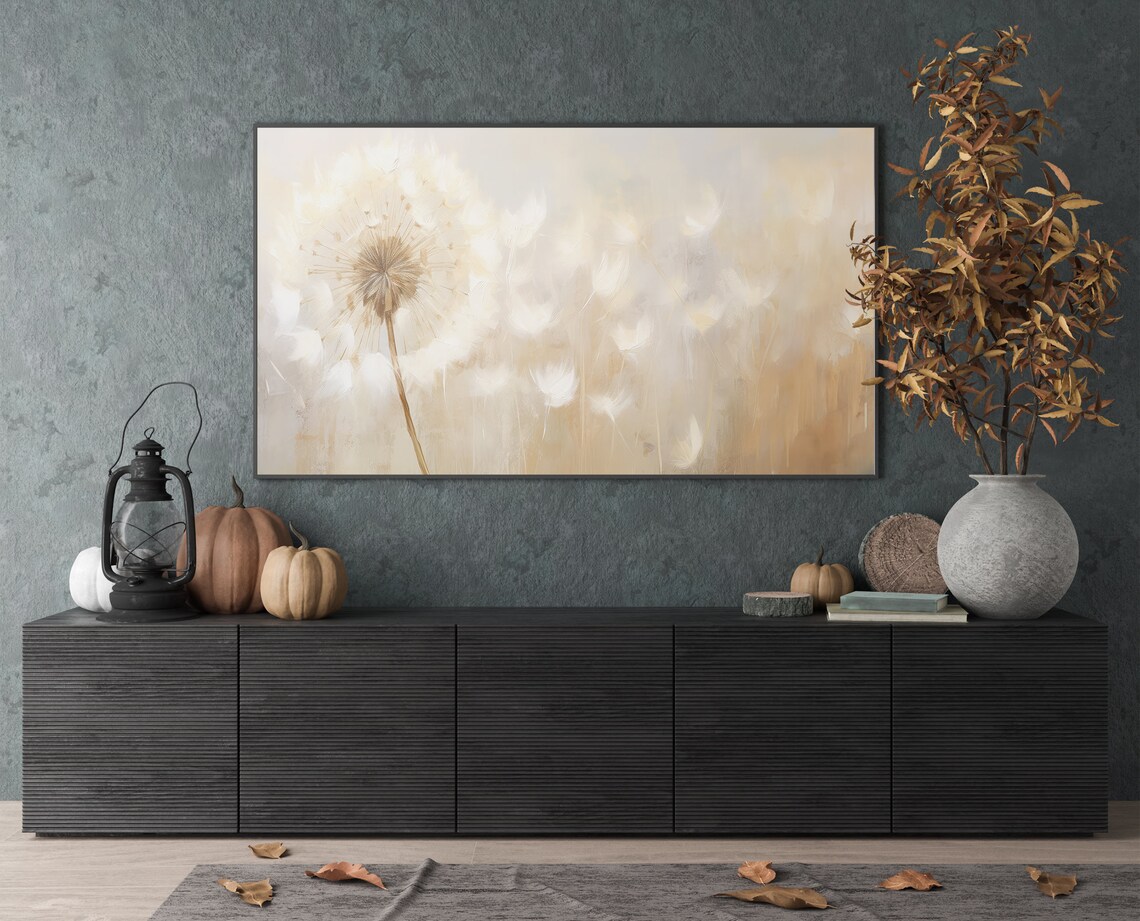 White Dandelion Dreamy Abstract Floral Botanical Painting Wall Art - Image 3