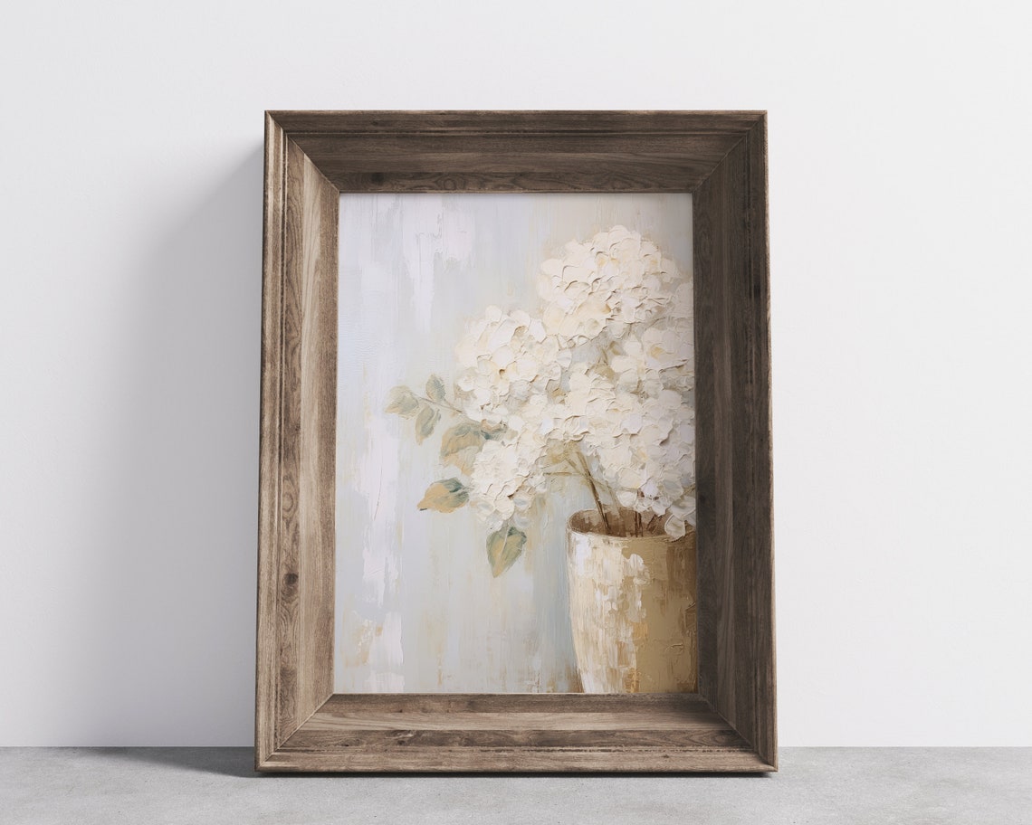 White Hydrangeas Vase Muted Vintage Floral Farmhouse Art Print - Image 2
