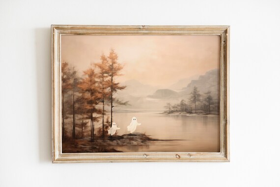 Muted Autumn Lake with Cute Ghosts Rustic Halloween Landscape Wall Art