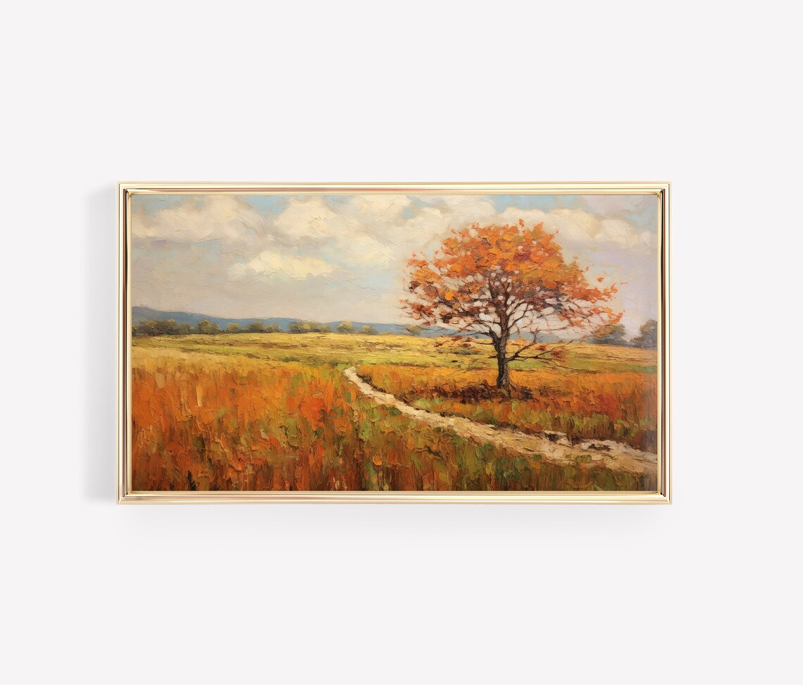 Lone Autumn Tree Winding Path Golden Field Painting Wall Art - Image 3