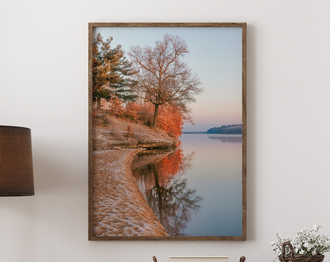 Autumn Lake Shore Orange Foliage Mirror Reflection Art Poster