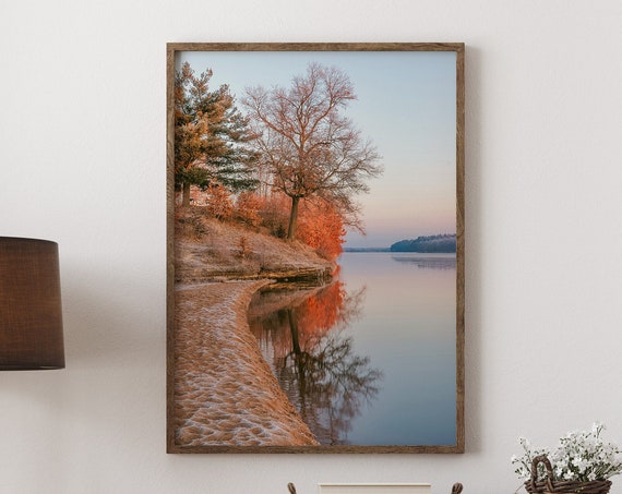 Autumn Lake Shore Orange Foliage Mirror Reflection Art Poster