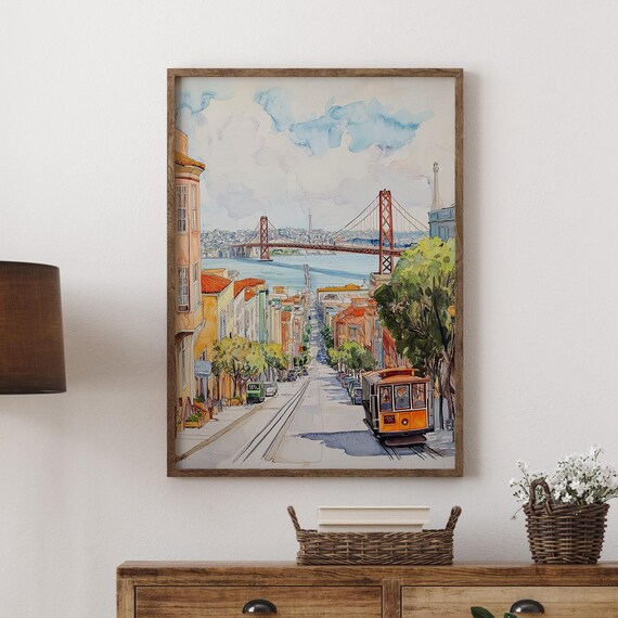 San Francisco Golden Gate Bridge Cable Car Watercolor Street Poster