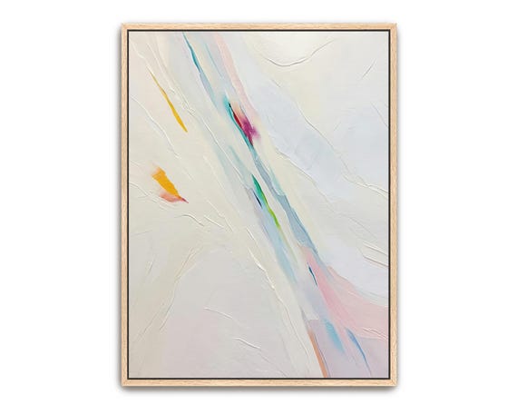 Hand Painted Abstract Art Acrylic Painting Large Wall Artwork Light Pastel White Ivory Beige Colorful Pink Blue Yellow Framed Decor