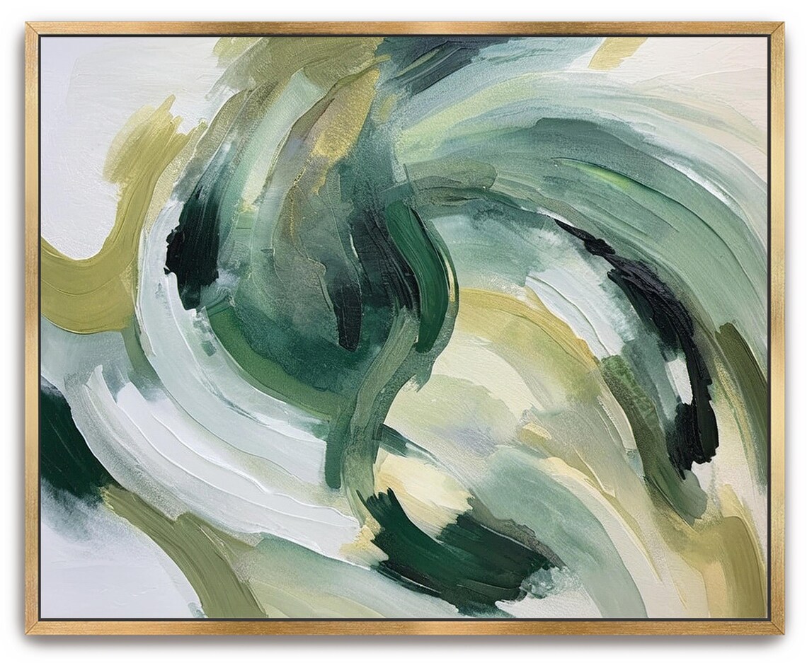 Hand Painted Abstract Acrylic Painting Large Artwork Wall Art Light Dark Olive Forest Green Neutral Beige White Framed Wall Decor - Image 5