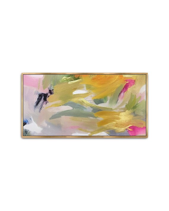 Hand Painted Abstract Acrylic Painting Large Colorful Artwork Wall Art Yellow Pink Green Bright Textured Framed Wall Decor Balance