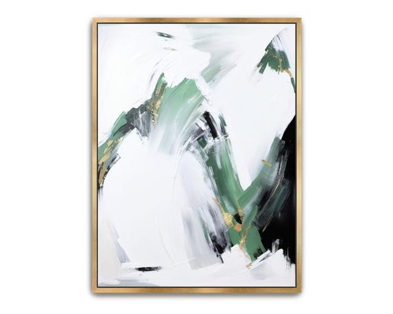 Hand Painted Abstract Acrylic Painting Large Artwork Wall Art White Dark Green Gold Choppy Neutral Light Textured Framed Wall Decor