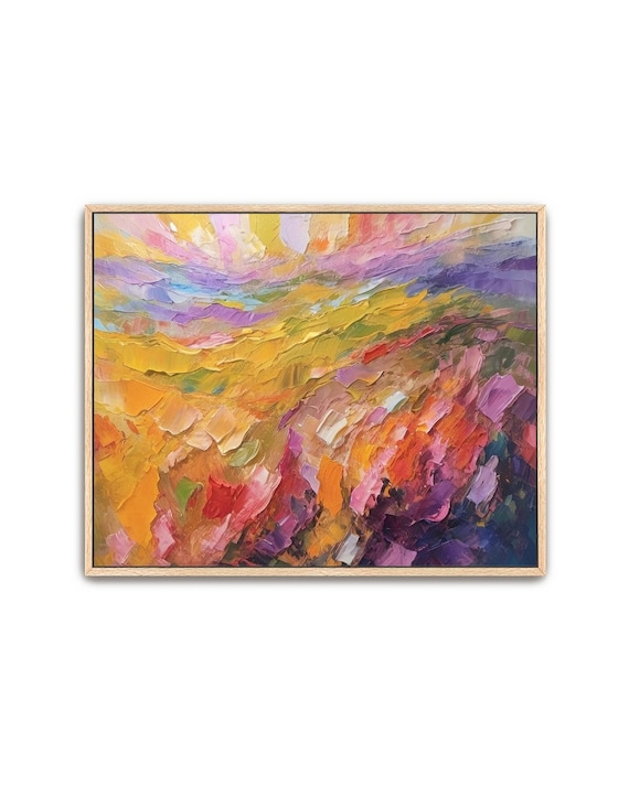 Hand Painted Abstract Acrylic Painting Large Artwork Wall Art Yellow Orange Red Pink Purple Colorful Textured Framed Wall Decor