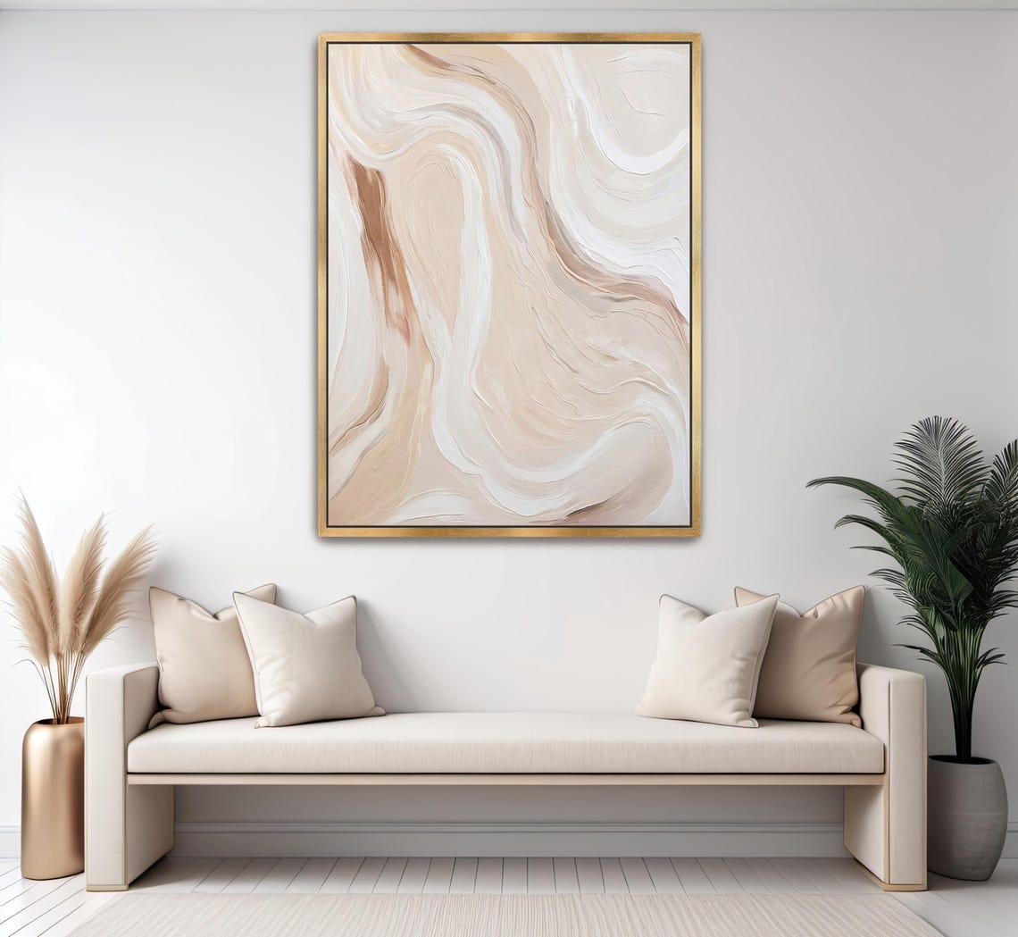 Hand Painted Abstract Acrylic Painting Large Artwork Wall Art Light Beige Neutral Tan White Ivory Sand Textured Framed Wall Decor - Image 2