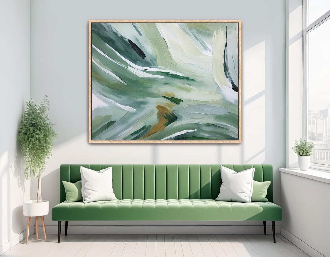 Hand Painted Abstract Acrylic Painting Large Artwork Wall Art Light Pastel Deep Olive Forest Green White Textured Framed Wall Decor - Image 2