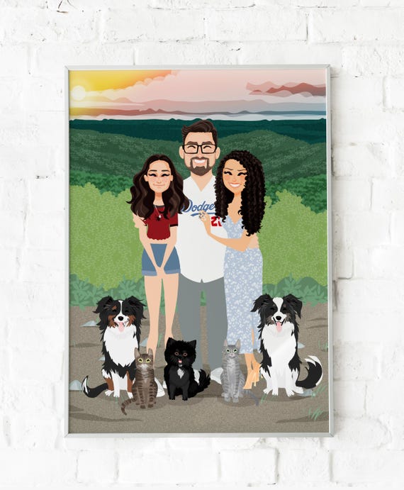 Custom Illustrated Family Portrait With Five Pets and Sunset View Poster