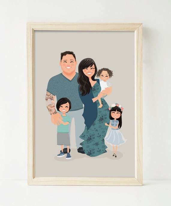 Custom Illustrated Family of Five Portrait With Three Children Poster