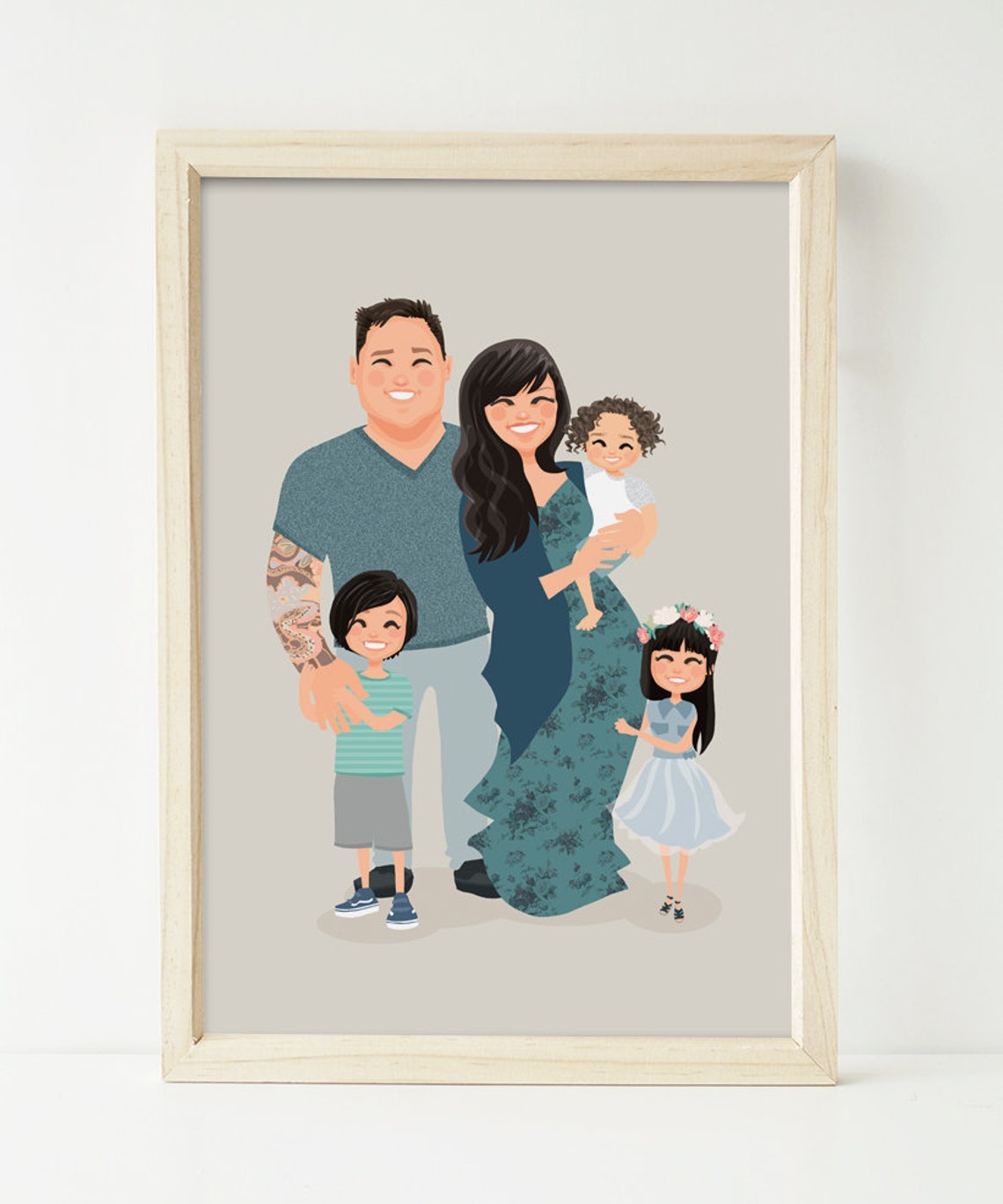 Custom Illustrated Family of Five Portrait With Three Children Poster