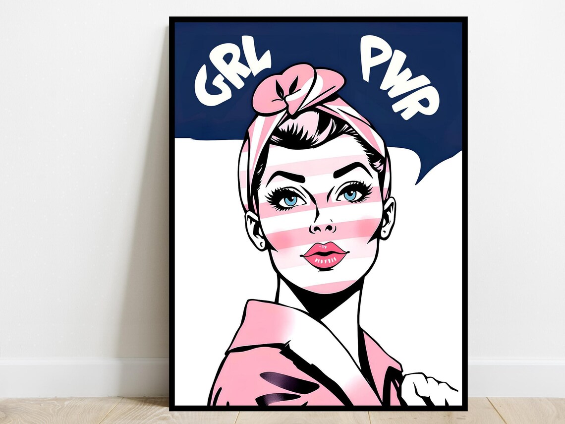 Girl Power Retro Pop Art Poster Pink Navy Feminist Cool Girl Wall Decor