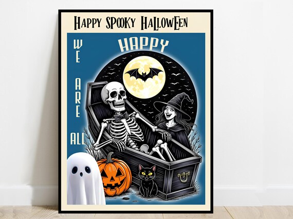 Happy Spooky Halloween Poster Skeleton Coffin Witch Ghost Pumpkin Cat Blue Decor