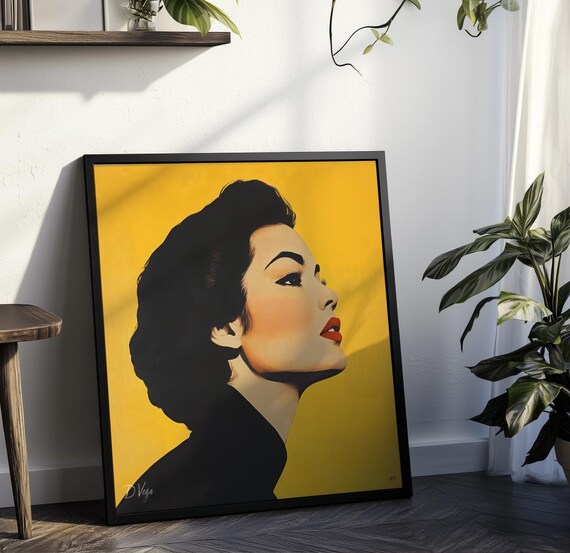 Vintage Woman Portrait Yellow Background Retro Fashion Art Poster