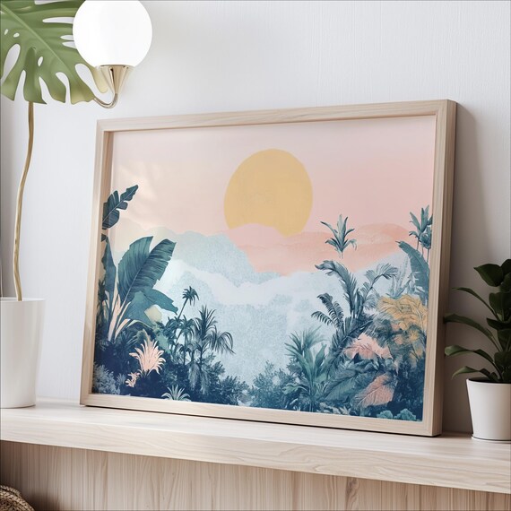Dreamy Pastel Tropical Jungle Sunset Palm Trees Botanical Wall Art