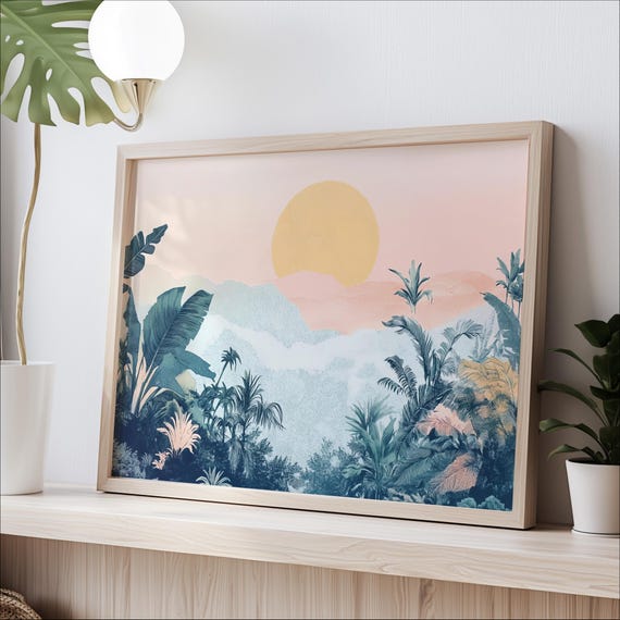 Pastel Tropical Landscape Art Print Minimalist Jungle Sunset