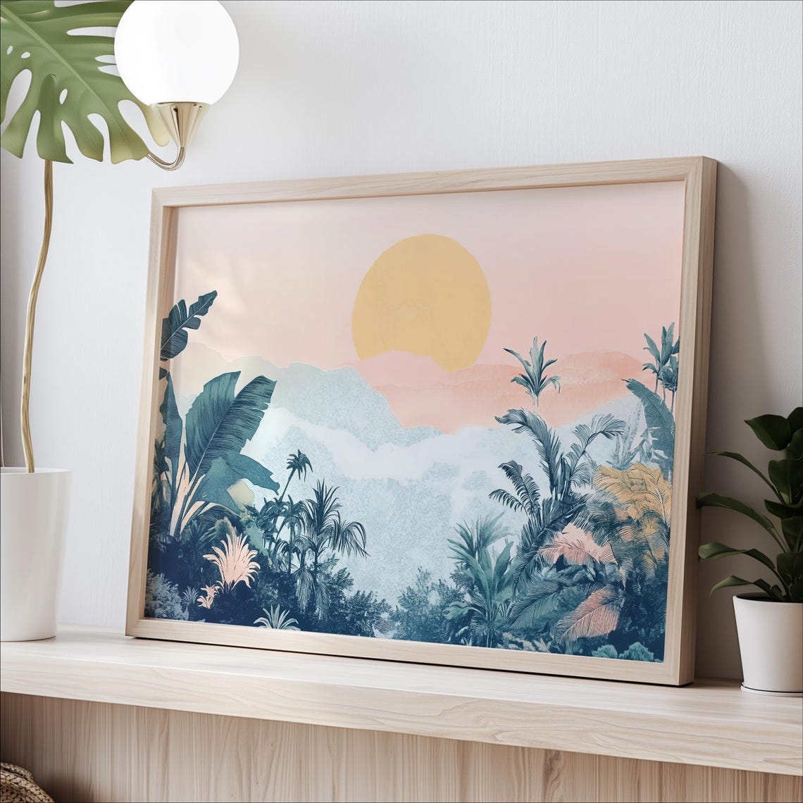 Pastel Tropical Landscape Art Print Minimalist Jungle Sunset
