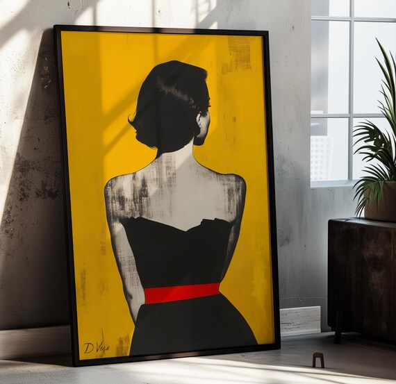 Woman in Black Dress Yellow Background Retro Fashion Art Poster