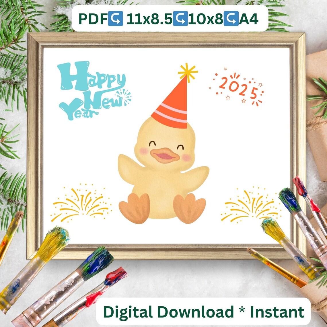Happy New Year 2025 Cute Duckling Handprint Art Craft Keepsake Poster - Image 2