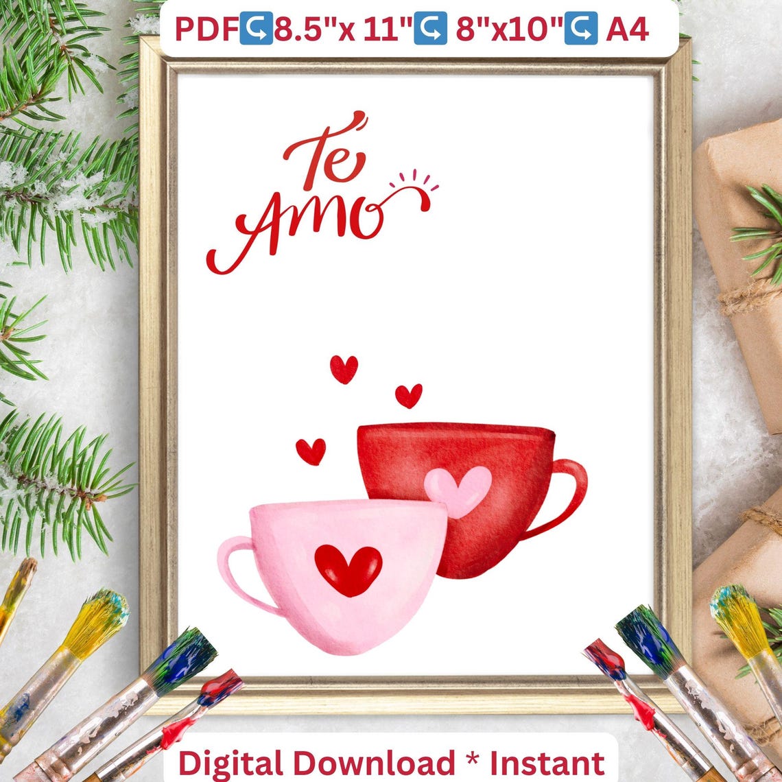 Te Amo Valentine Coffee Cups Handprint Craft Love Keepsake Poster - Image 2