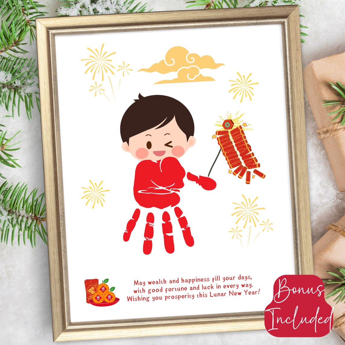 Lunar New Year Boy Handprint Art Prosperity Blessing Kids Craft Poster