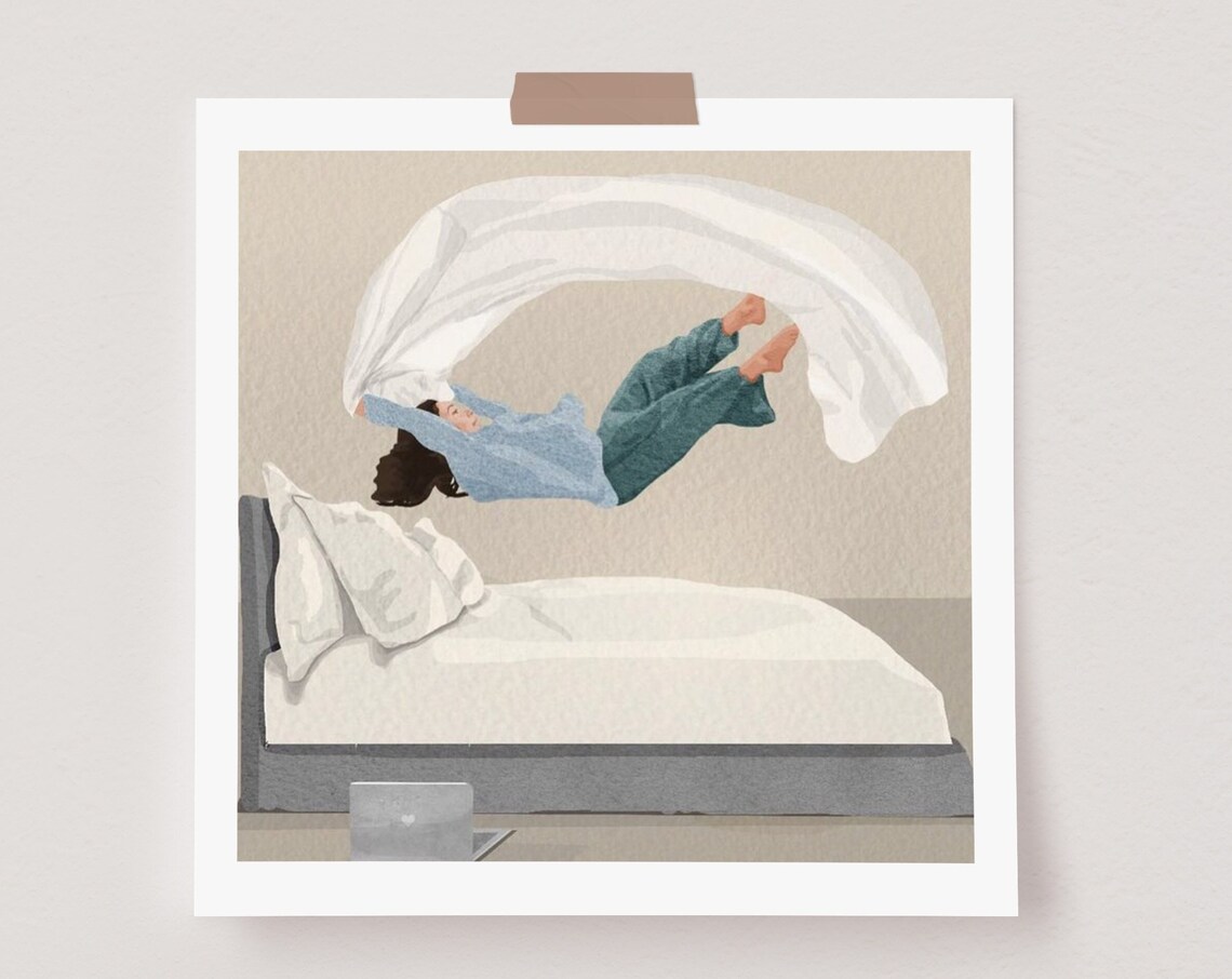 Woman Leaping Into Bed Wrapped in a White Sheet Playful Poster