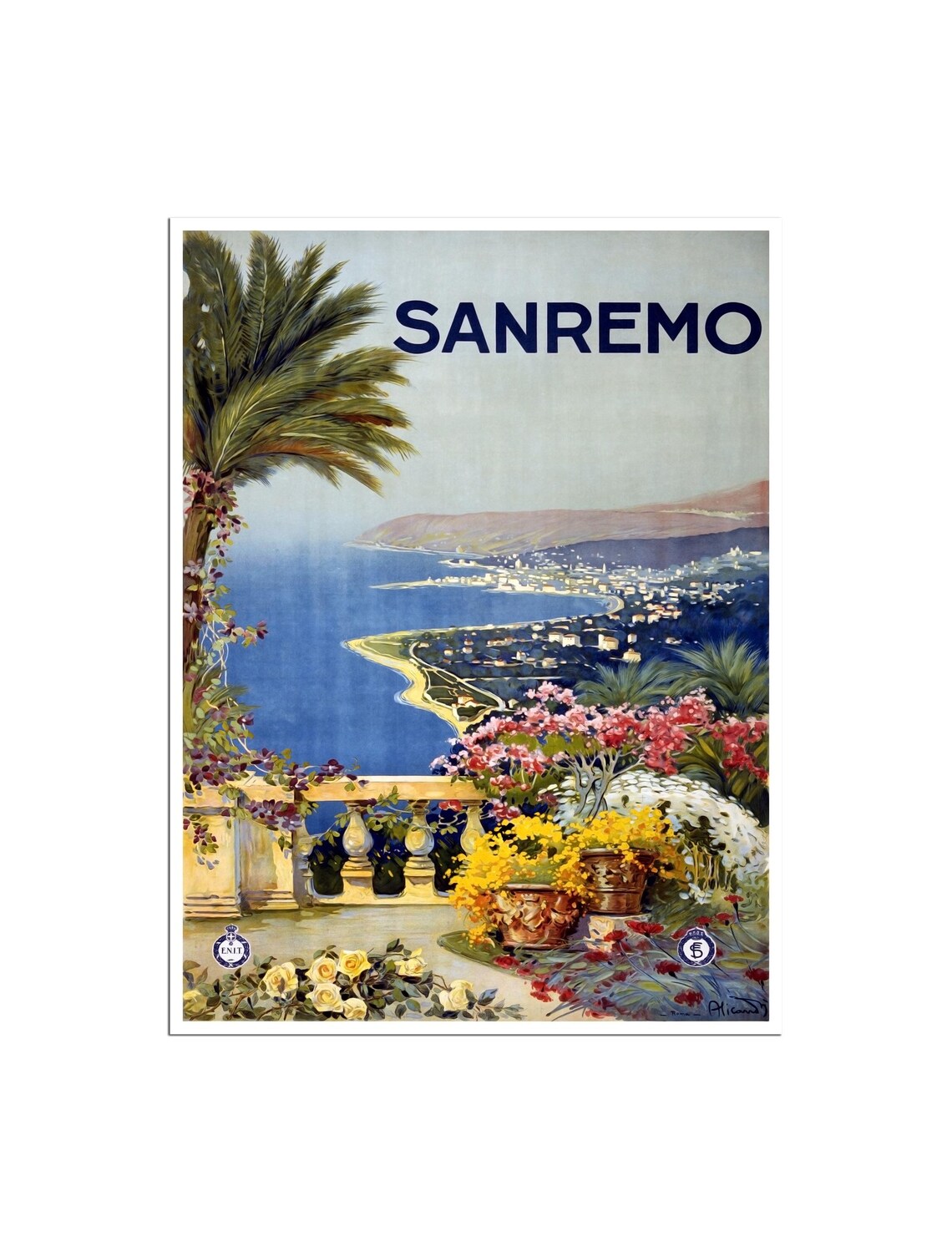 Sanremo Italy Riviera Bay Flower Terrace Vintage Travel Poster