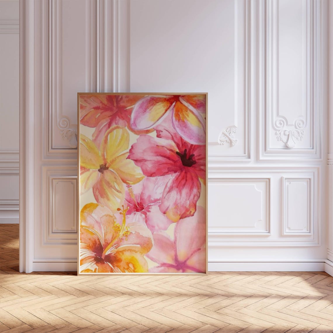 Pink Orange Hibiscus Close Up Watercolor Blooms Tropical Wall Art - Image 3