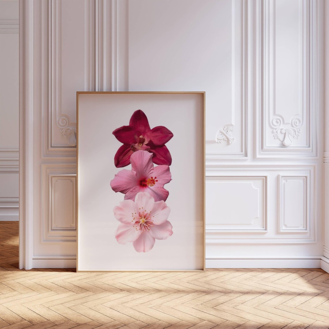 Red Pink Hibiscus Blossom Trio Minimalist Botanical Art Print Poster - Image 2