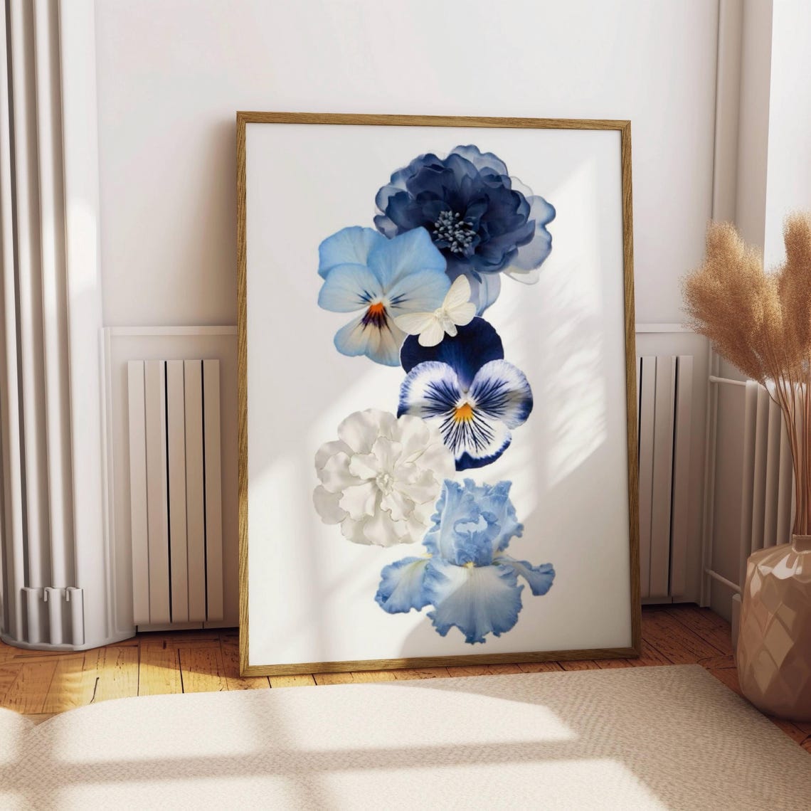Blue Flowers Vertical Watercolor Pansy Iris Botanical Minimalist Print - Image 2