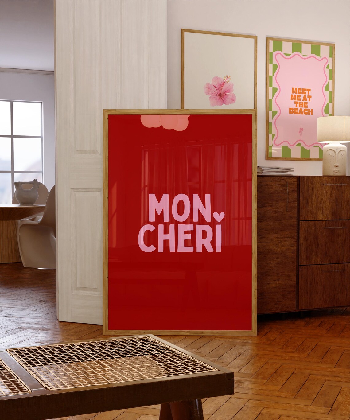 Mon Cheri Pink Text Red Background French Quote Retro Poster