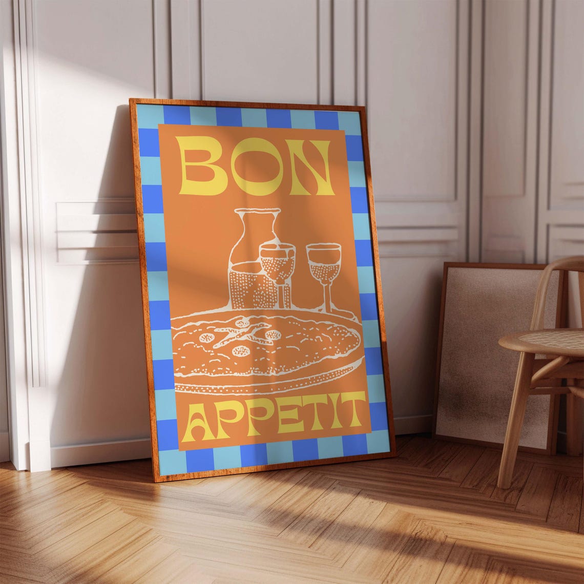 Bon Appetit Retro Pizza Wine Orange Checkered Kitchen Wall Poster - Image 3