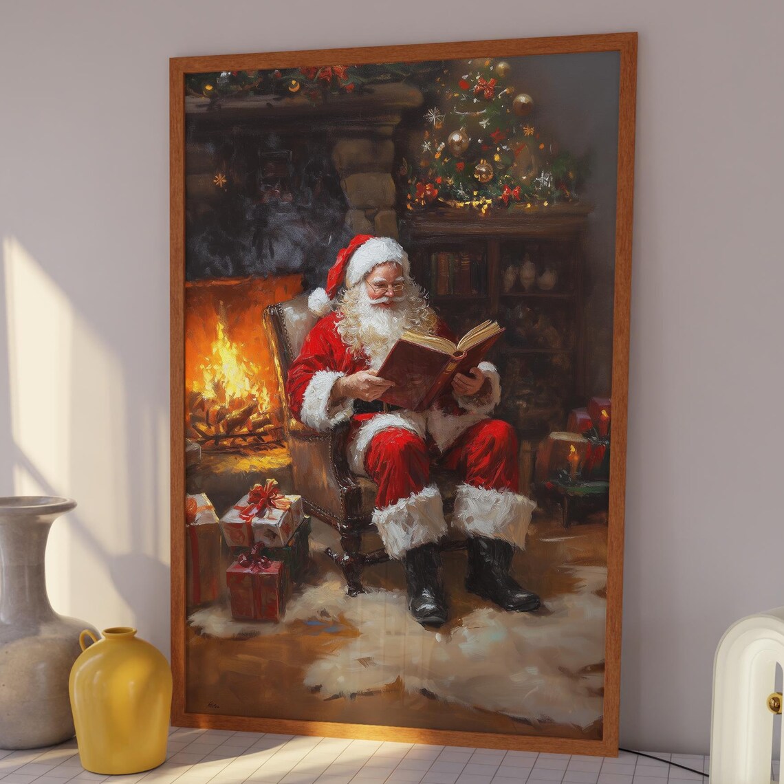 Santa Claus Reading By Fireplace Vintage Christmas Scene Poster - Image 3