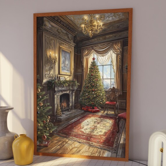 Victorian Christmas Parlor Fireplace Garland Tree Classic Poster