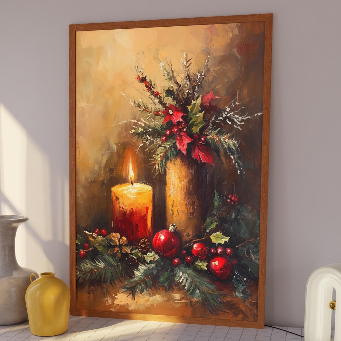 Vintage Christmas Candle Still Life Painting Poster with Holly Decor