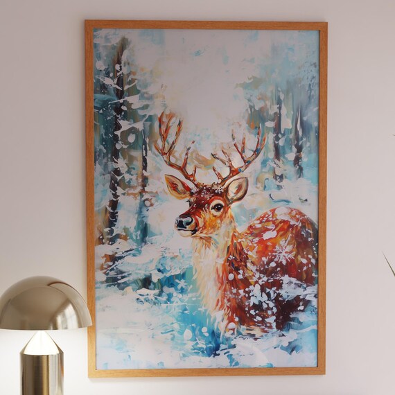 Majestic Reindeer In Snowy Forest Winter Wildlife Art Poster