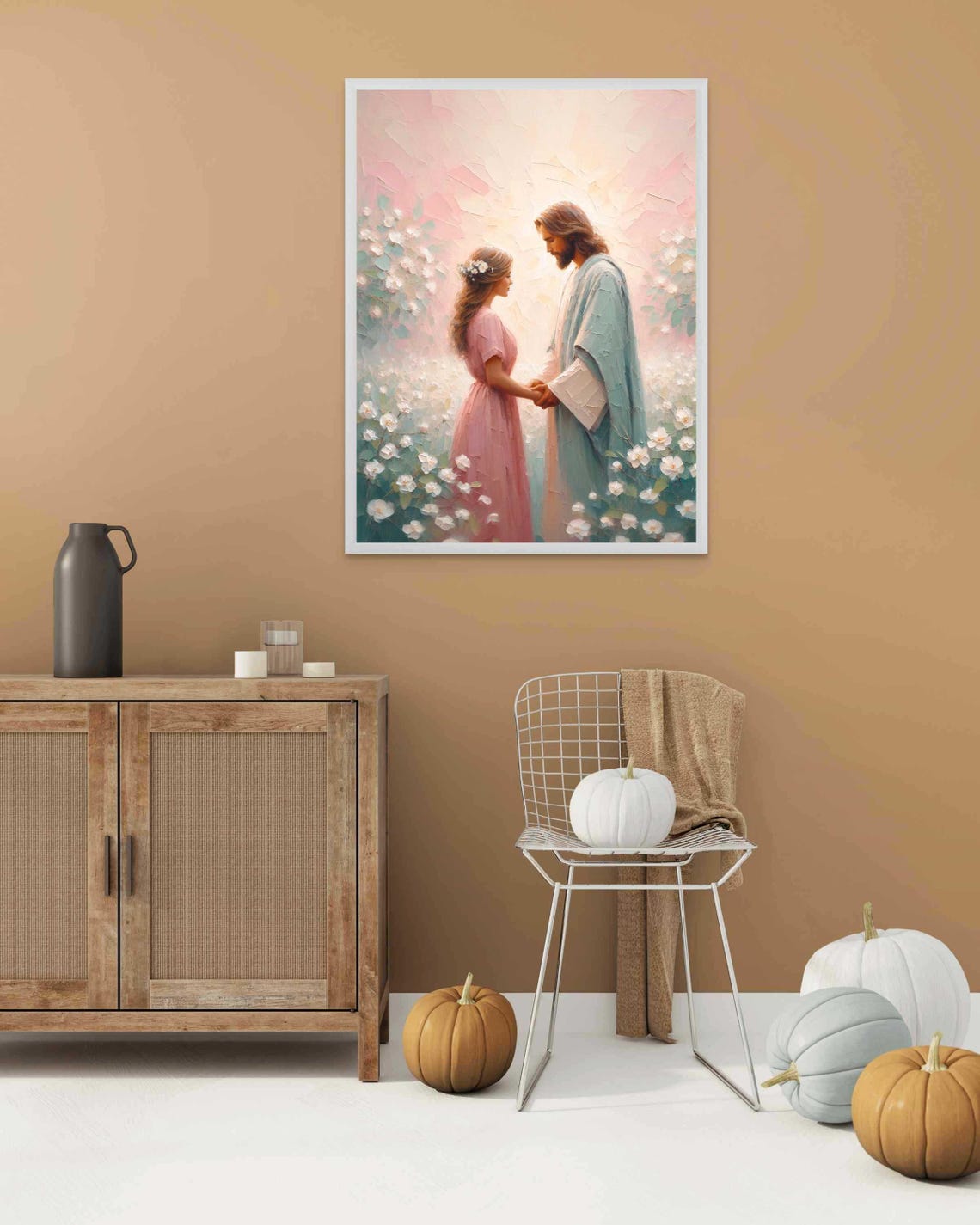Jesus Holding Hands With Woman Among White Blossoms Art Poster - Image 2