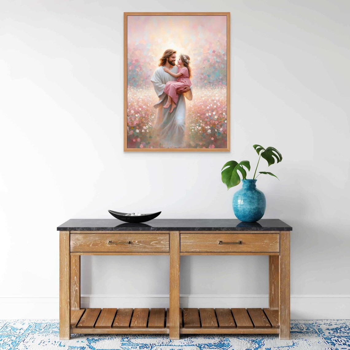 Smiling Jesus Carrying Little Girl Through Flower Field Poster - Image 6