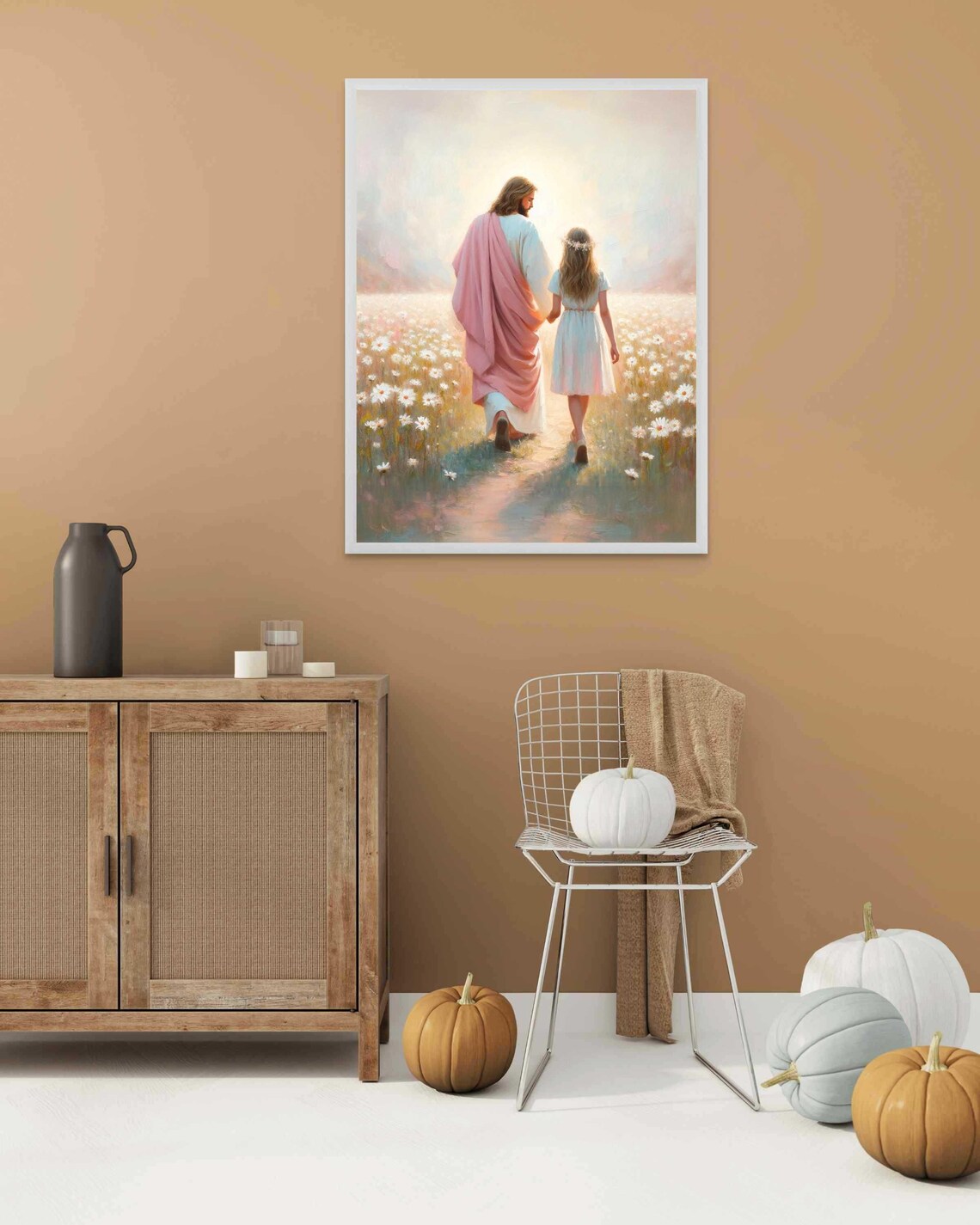 Jesus and Girl Walking Through Daisy Field in Soft Light Poster - Image 2