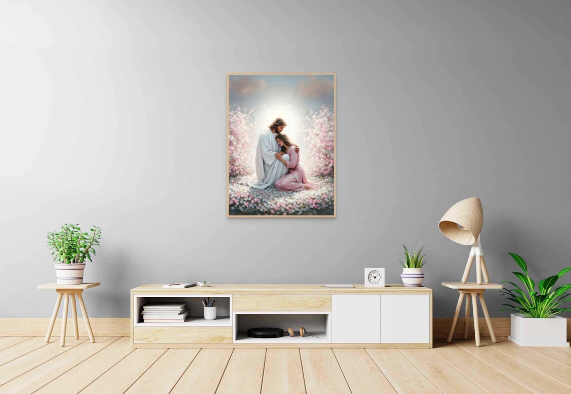 Jesus And Woman Kneeling Embracing Flower Field Tender Christian Poster - Image 5