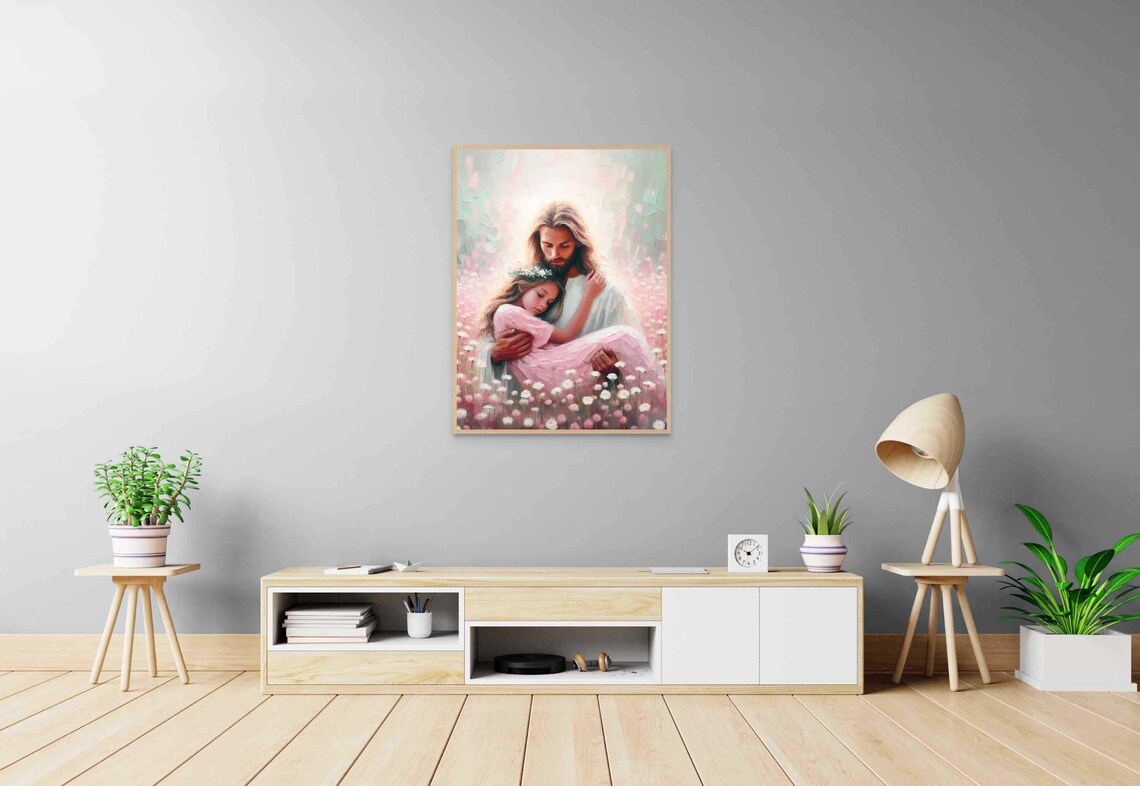 Jesus Cradling Little Girl With Flower Crown in Blossoms Poster - Image 6