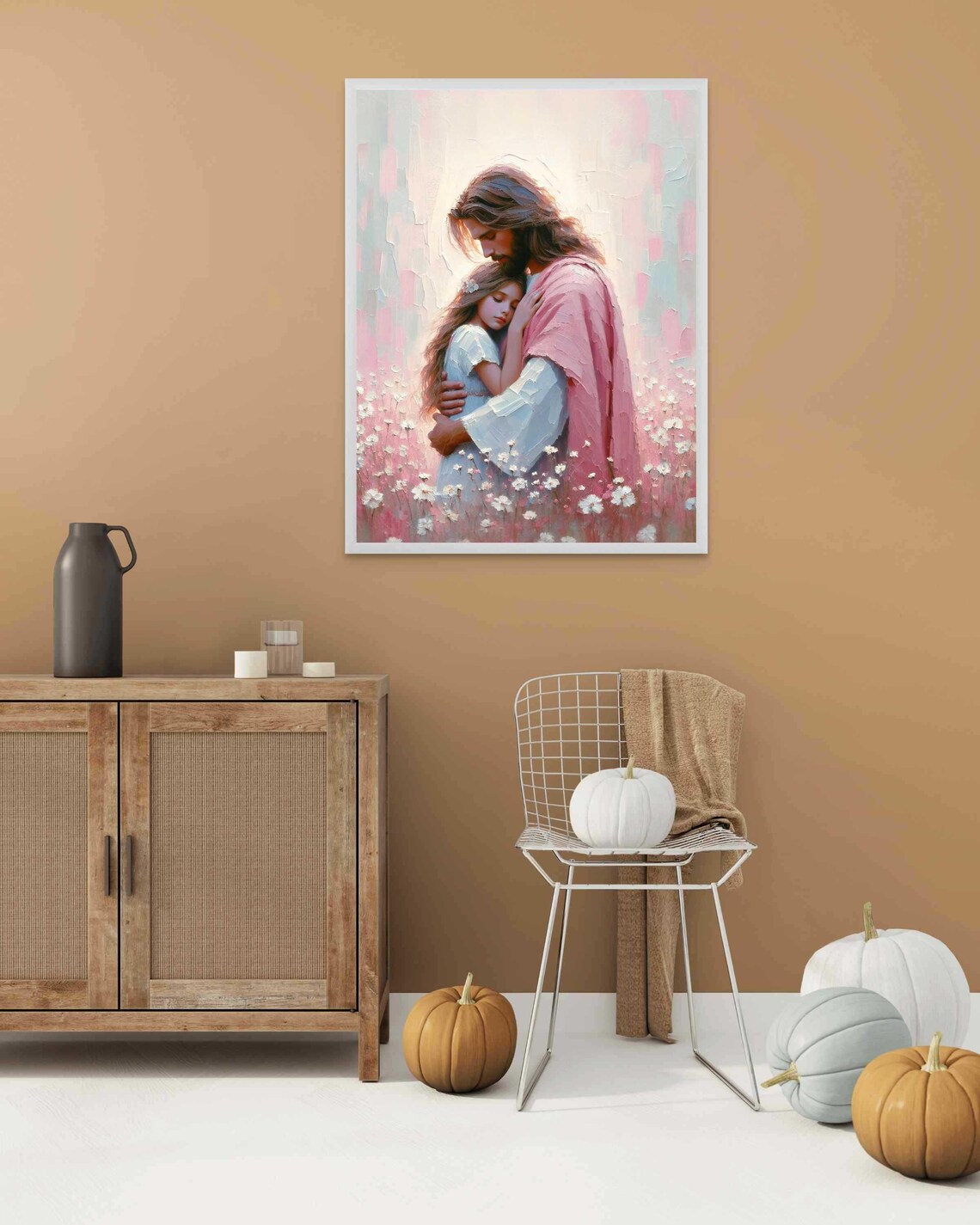 Jesus Hugging Little Girl Blue Dress Impasto Wildflower Field Christian Poster