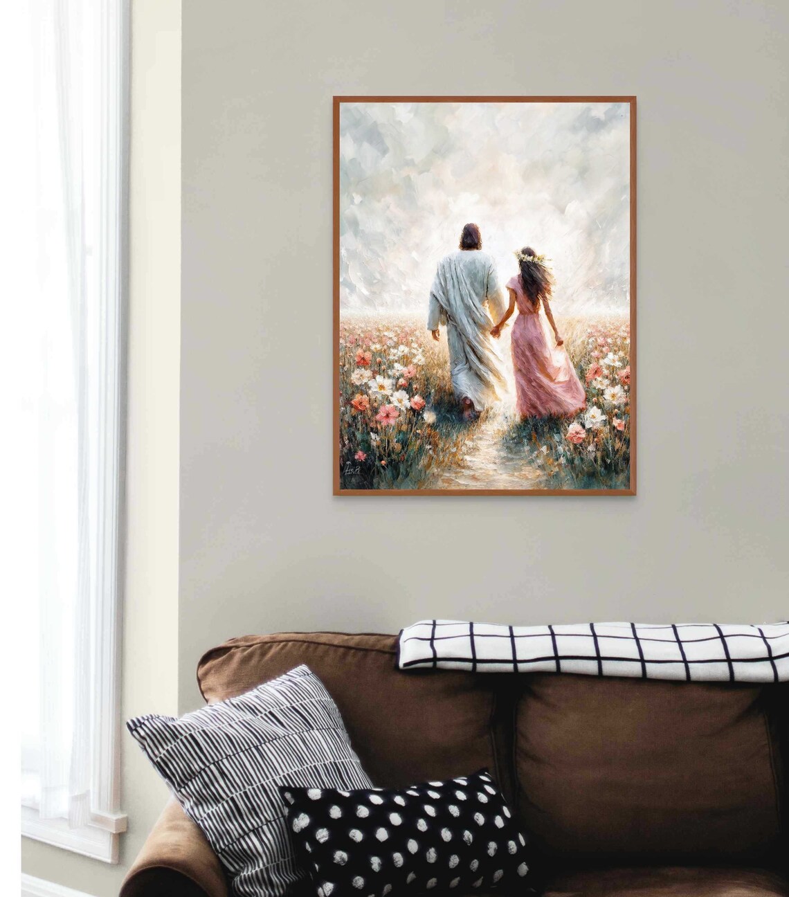 Jesus and Woman Walking Through Flower Field Hand in Hand Poster - Image 2