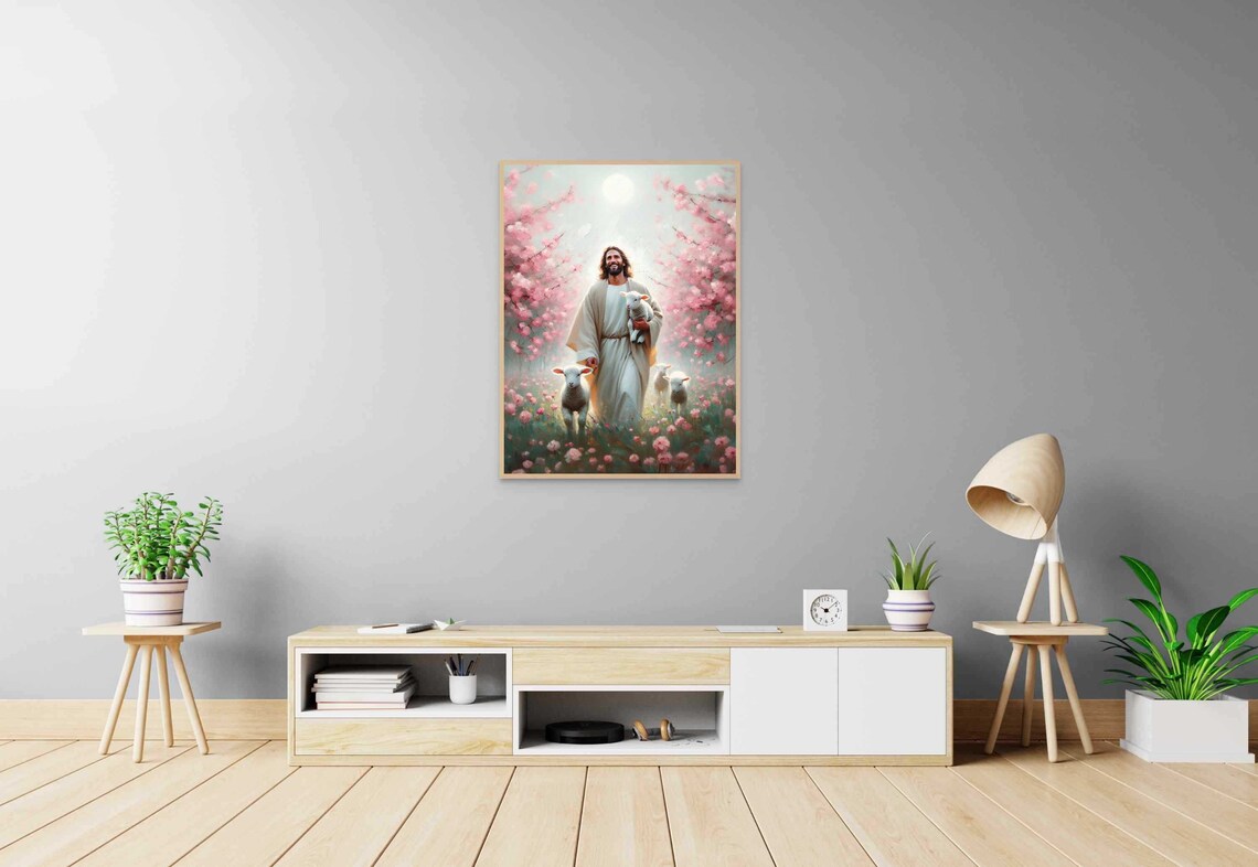 Jesus the Good Shepherd With Lambs in Cherry Blossom Art Poster - Image 5