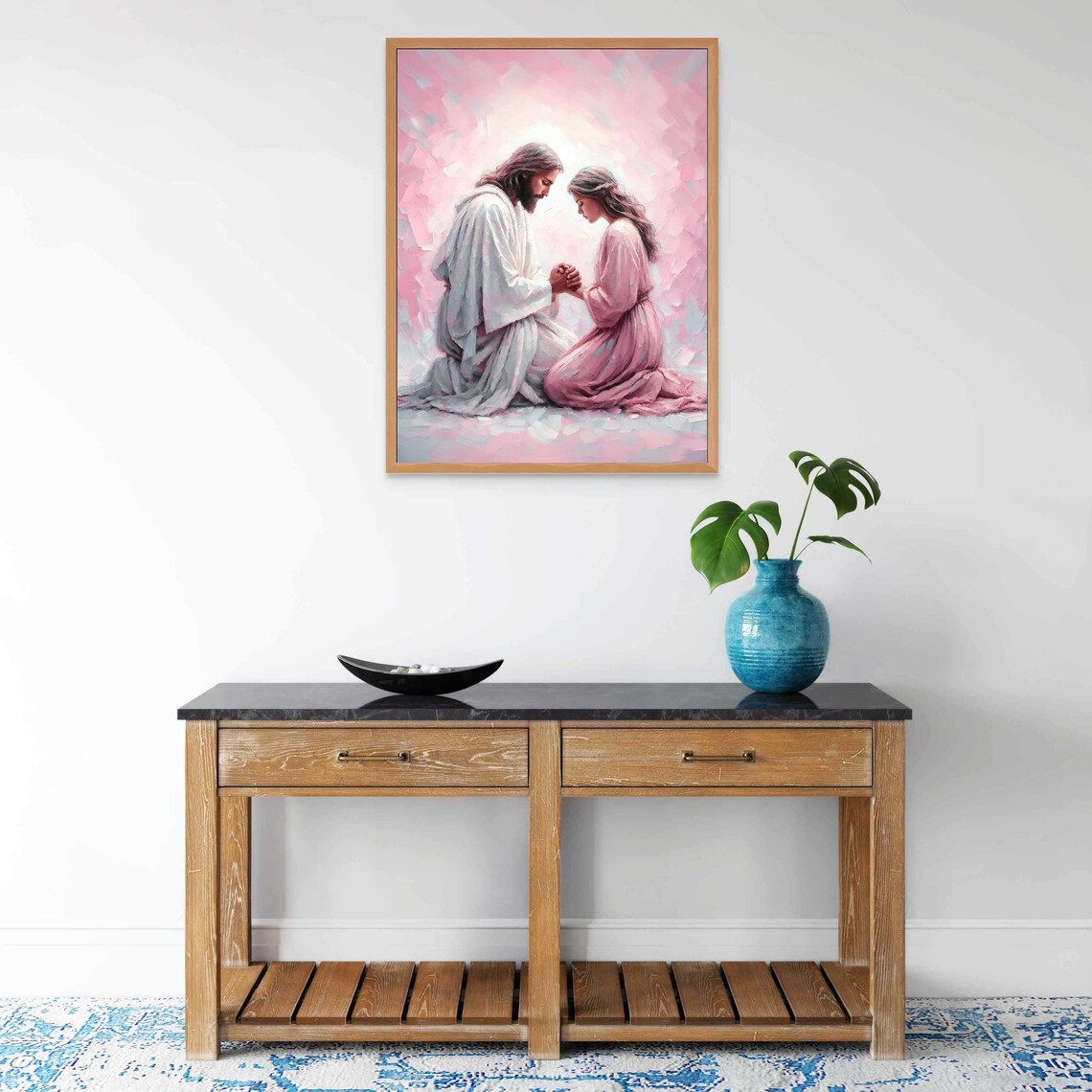 Jesus Praying With Woman Kneeling in Pink Glow Prayer Art Poster - Image 5