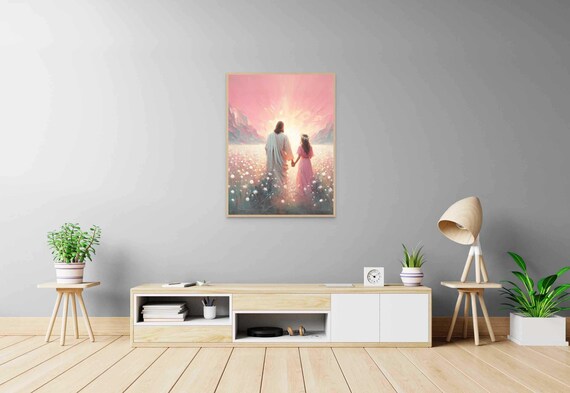 Jesus Christ and Girl Walking into Sunset Over Flower Field Poster