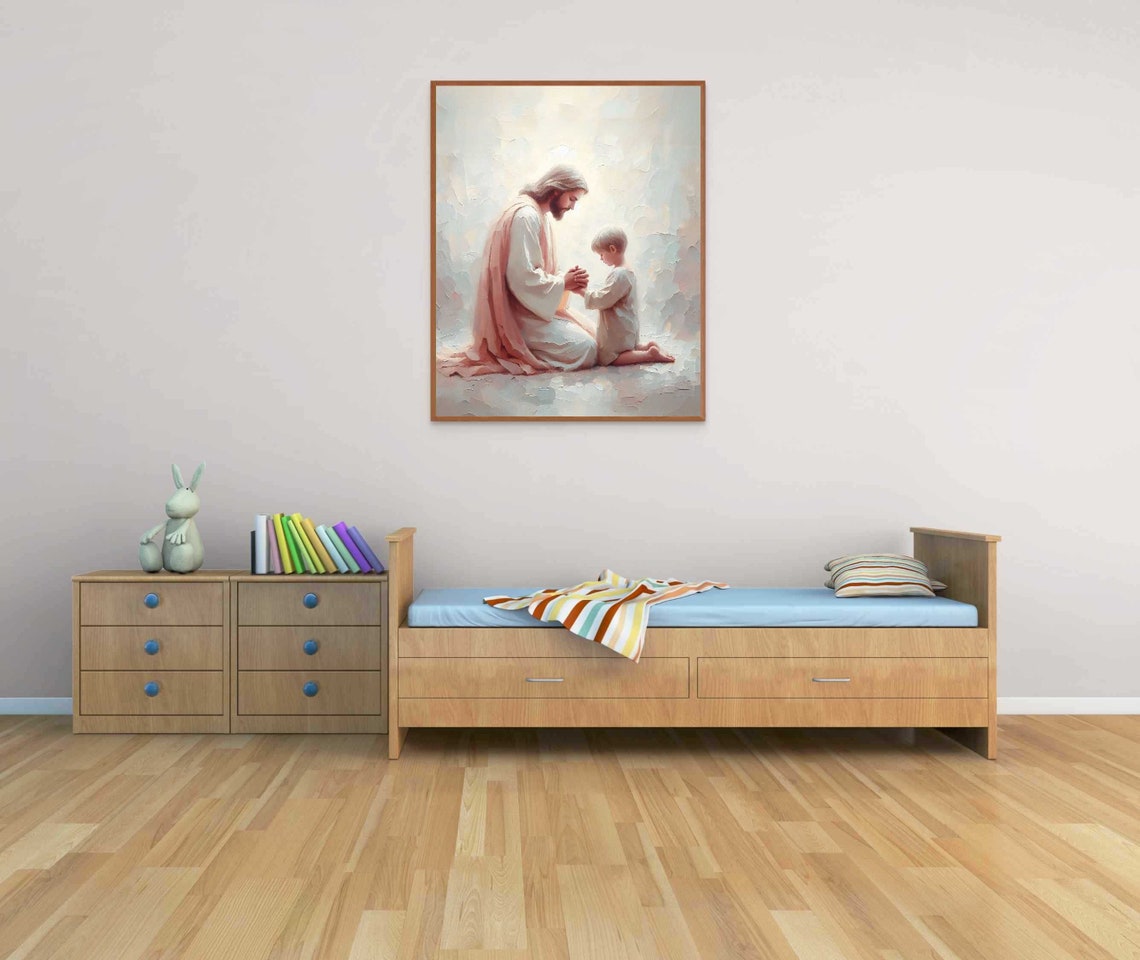 Jesus Praying With Little Boy Soft Pastel Impasto Art Poster - Image 4