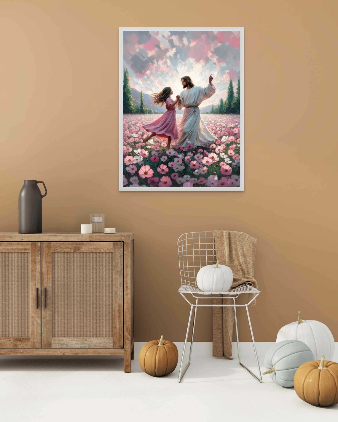 Jesus Dancing With Little Girl Flower Meadow Sunset Joyful Christian Poster - Image 3